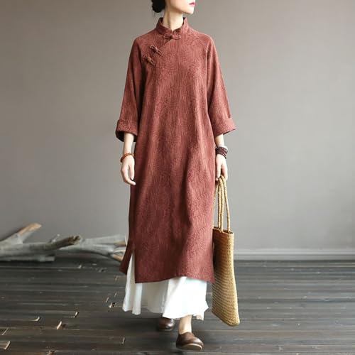 Image of LUZU JUNU Spring Women Dresses Chinese Dress Traditional Collar Vintage Cotton Linen Robe Cheongsam Dresses