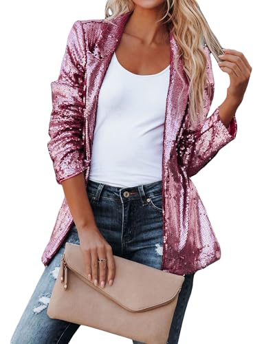 Women's Shiny Blazer Jacket Solid Color Sequins Long Sleeves Lapel Neck Cardigan Jacket