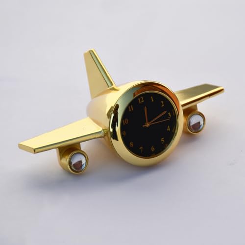 Image of Saugat Traders Airplane Table Clock Showpiece - Analog Aeroplane Clock for Office Desk, Study Table - Corporate Gift for Client, Employees, Men, Boys (Golden), Stainless Steel, 10x5 Cm