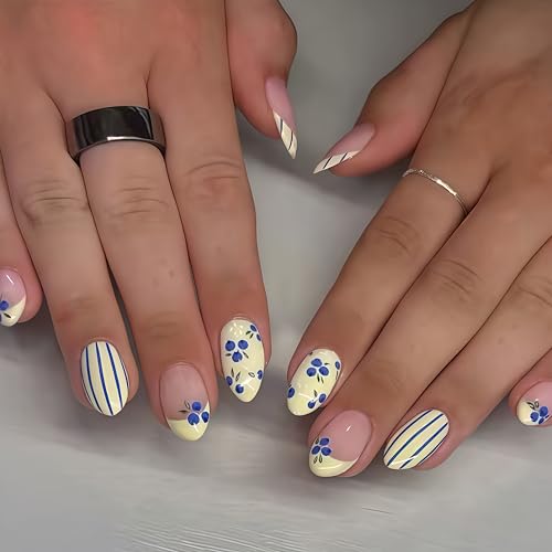 24pcs Fruit Press on Nails Almond Medium Fake Nails with Blueberry Blue Stripes Yellow French Tips Design Spring Summer Fruit Style False Nails Full Cover Acrylic Stick on Nails Reusable for Women
