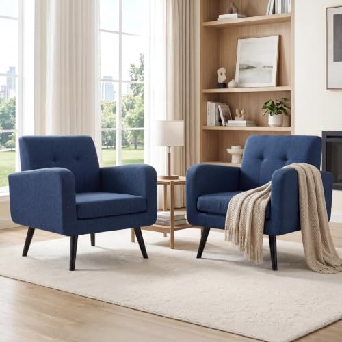 Sillón moderno tela azul con patas de madera