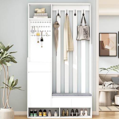 Flurgarderobe Garderobenset Garderobe Stecktafel mit Sitzbank & Stecktafel - Weiß, Schuhschrank Multifunktional mit 4 Haken & gepolsterter Bank, schmale 100 cm Breite für Eingangsbereich & Waschküche