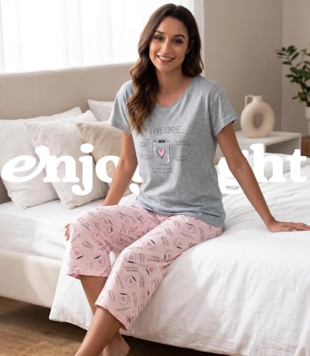 Image of ENJOYNIGHT Womens Pajama Sets Cotton Pj Set Short Sleeve Top With Capri Pants Sleepwear 2 Piece Lounge Set