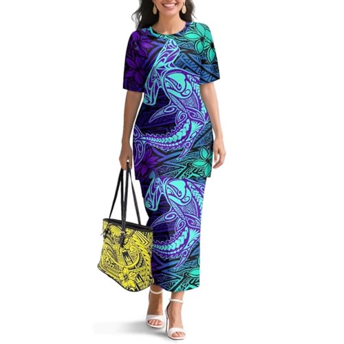 Image of Polynesian Dress for Women Short Sleeve High Waist Maxi Skirt | Puletasi dress, t-shirt and skirt two-piece, elastic material, lightweight, soft, plus size, luau party, wedding, clubwear
