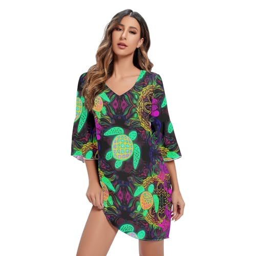 Robe d'été col V noire à motif tortue de mer manches 3/4 style chic