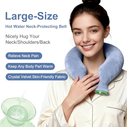 Image of Neck Stretcher U-Shaped Hot Water Bottle for Use with Cervical Traction, Neck Pain Relief&Cervical Spine Pressure Reduction, Skin-Friendly Crystal Velvet Fabric Cover, Washable (Light Blue)