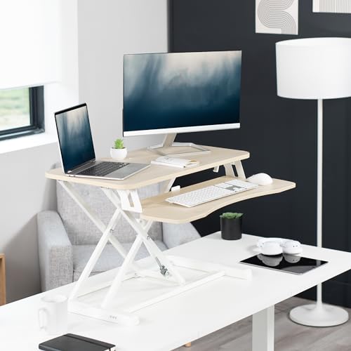 Image of VIVO 32 inch Desk Converter, K Series, Height Adjustable Sit to Stand Riser, Dual Monitor and Laptop Workstation with Wide Keyboard Tray, Light Wood Top, White Frame, DESK-V000KF