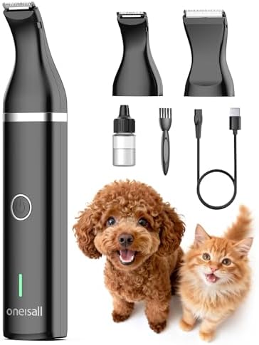 Oneisall 2in1 Pfotentrimmer für Hunde Katze, Ganzkörper, Micro-USB-Ladung | 2 Geschwindigkeitsstufen, 2h Laufzeit, ISCC CPF-zertifiziert, Geräuscharm 49dB, Ladekontrollleuchte, Abn