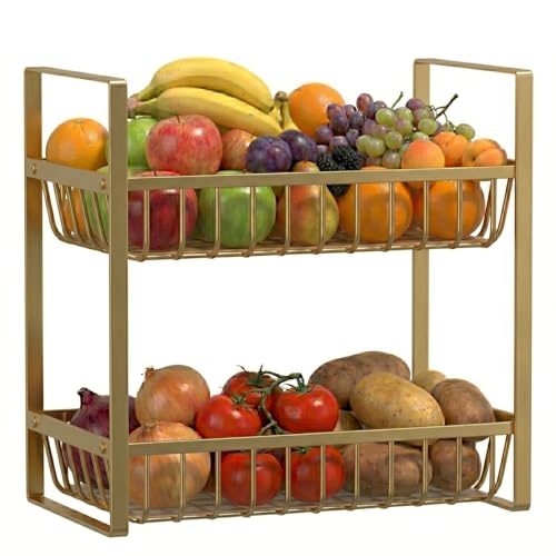 Image of 2 Tier Countertop Fruit and Vegetables Basket | Multipurpose Storage Organize Stand for Kitchen, Dining Table and Bathroom (2 Tier Gold)