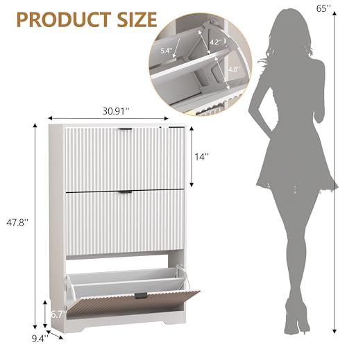 Image of HUANLEGO Shoe Cabinet Storage for Entryway with 3 Flip Drawers, White Fluted Shoe Cabinet with Adjustable Shelves, Wooden Hidden Shoe Rack Freestanding Narrow Slim Shoes Storage for Hallway, Entrance