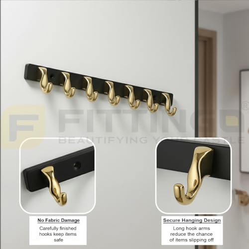 Image of 6 Hook Modern Bathroom Hooks for Hanging /Cloth Hooks for Door Back Side /Cloth Hanger for Wall (Gold with Black) Pack of 2-| 3 Years Warranty |