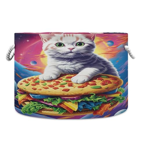 Round Space White Cat Taco Storage Basket Large Organizer Bin Laundry Hamper Toy Storage Basket with Handle for Nursery Clothes Toys 202b4752