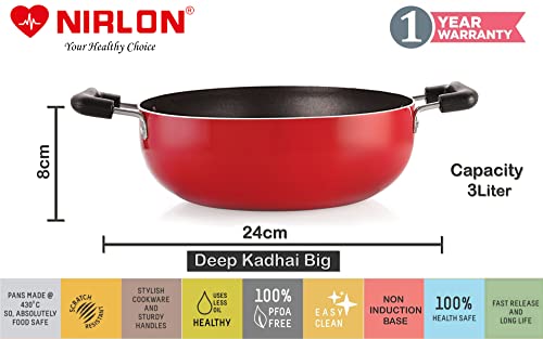 Image of Nirlon Non-Stick Aluminium Cookware Set, Red & Black -4-Pieces (Flat Tawa|Tapper Pan|Deep Kadhai(B)|1 Glass Lid)-32mm FT13 TP24 DKD(B) 1GLID