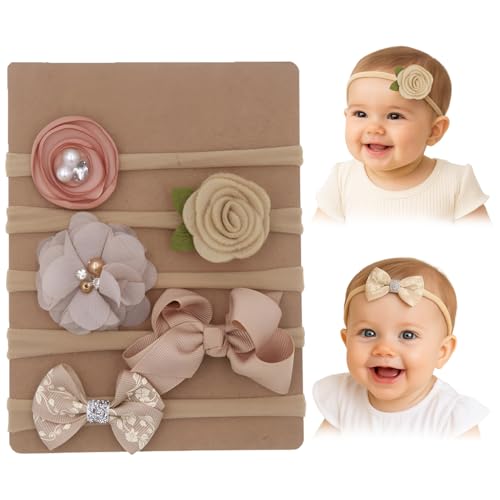 SYGA 5 Pcs Baby Headband, Flower & Bow Stretchable, Nylon HairBand for Newborn Infant Toddlers Kids 0-3 Year-Khaki