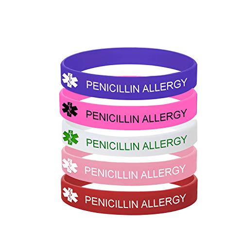5 Pack-Penicillin Allergy Bracelet Medical Alert ID Jewelry Drug Allergy Bracelet,100% Silicone Rubber Safety ID Outdoor Sport Health Warning Bracelet Band,7.48