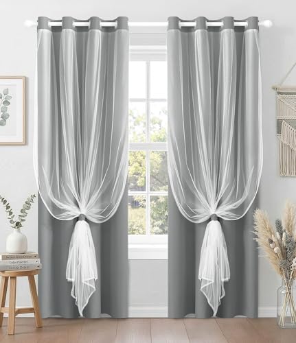 Image of 100% Blackout Curtains with Sheer Overlay, Grey, 52 x 84 inch, 2 Panels | For Bedroom Living Room Window, Room Darkening, Thermal Insulated, Grommet Top, Summer Heat Blocking, Double Layer Design
