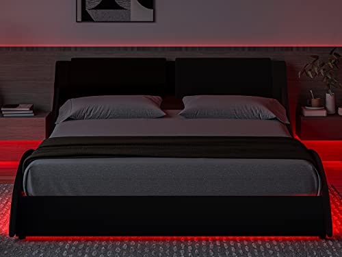 Queen Upholstered Bed Frame With Led Lights Underneath Modern Faux Leather Led Bed Frame Wave Like Curve Low Profile Platform Bed Frame With Headboard,Strong Wood Slats Support,Easy Assembly,Black #TOP2