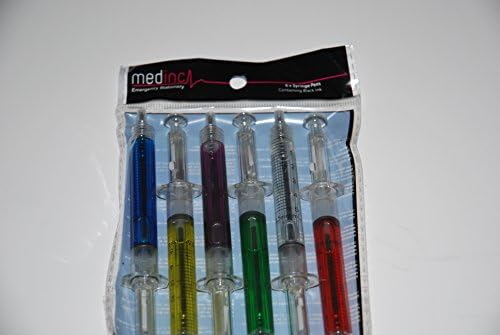 Medinc Pack of 6 Mixed Colour Syringe Pens with Black Ink Great Nurse Novelty Pen Stationary Set or Doctor Medical Student Stationery Pen Set NHS