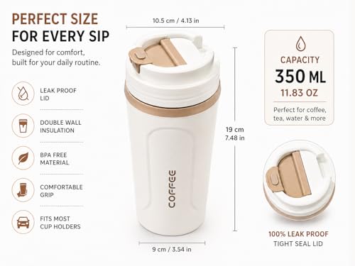 Image of Kitchivo Multipurpose Insulated Travel Mug - 350ml | Double Wall Stainless Steel Flask for Coffee, Tea & Milk | 100% Leak-Proof | Keeps Hot & Cold for Hours | Car Friendly (Cream White)