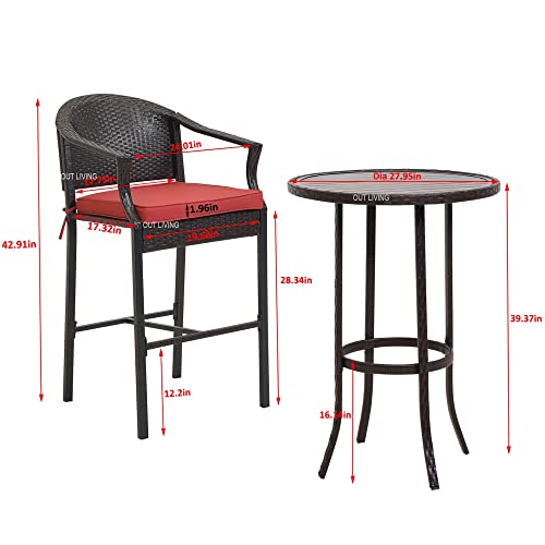 Image of OUTLIVING Rattan Wicker Outdoor Bar Patio Round Table with 2 Chairs Set for Home Graden Balcony 2 Seater Bar Patio Furniture - (Black & Red Cushion)