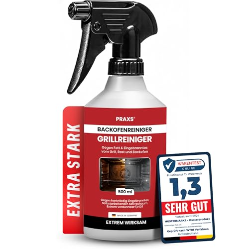 PRAXS Backofenreiniger Extra Stark 500ml | Backofen- & Grillreiniger Konzentrat gegen eingebranntes Fett Öl & Rauchharz | Aktivschaum wirkt in nur 10 min ohne Schrubben | Made in Germany