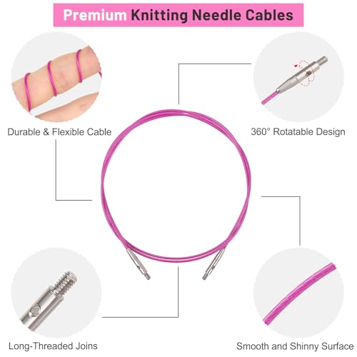 Image of Aeelike Interchangeable Cables for Knitting and Tunisian Crochet, 4 Size Set in 16 inch (40cm) 24 inch (60cm) 32 inch (80cm) and 40 inch (100cm) Flexible Steel Knitting Cords for Aluminum Needles