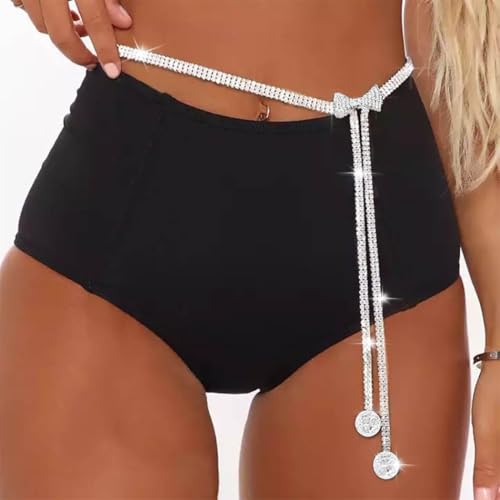 CanB Bow Rhinestone Waist Belt Silver Thin Belts Crystal Chain Belt for Women2