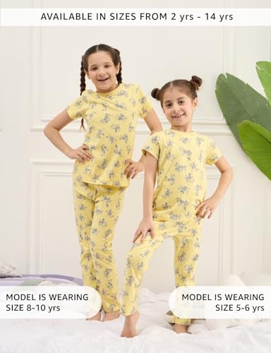 Image of Amazon Brand - Symbol Girls 100% Cotton Night Suit Set |Half Sleeves T-Shirt & Pajama Set | Age 2-14 Years