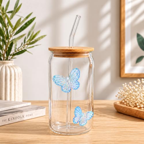 Image of 400ml Sipper Drinking Jar with Bamboo Lid & Glass Straw, Butterfly Printed Mason Jar Cup, Leakproof Reusable Smoothie & Juice Tumbler, Beverage Glass for Home & Office (Pack of 1)