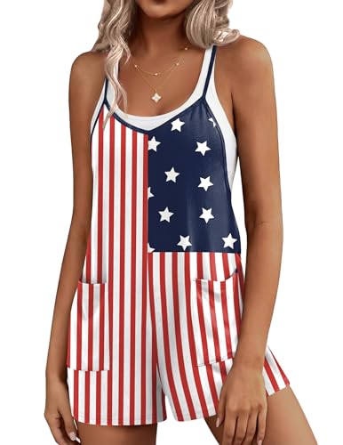 Ekouaer Rompers for Women Summer Casual Sleeveless Short Overalls Boho Spaghetti Strap Shorts Jumpsuit with Pockets Flag Print L