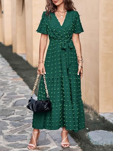 Image of MASCOMODA Women Boho Swiss Dot Maxi Dresses Wrap V Neck Flutter Short Sleeve Solid Tie Waist A Line Tiered Flowy Long Dresses