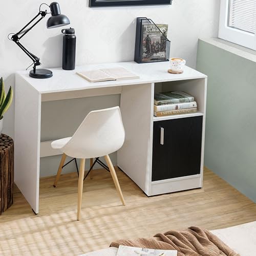 Image of ABOUT SPACE Study Table with Bottom Storage - WFH /Office Computer Table for Laptop, PC, Working, Drawing for Home Office Desk Engineering Wood(White & Black Mahogany- L 95 x B 45 x H 75 cm)