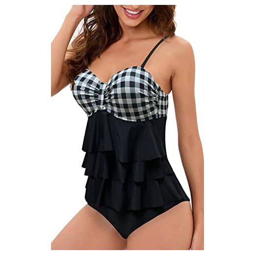 NLAND Maillot De Bain 1 Pièce à Volants pour Femmes Maillot De Bain Dos Nu avec Contrôle du Ventre Push Up Gilet De Bain Une Pièce(Treillis,L)