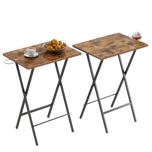 Image of VECELO Folding TV Tray for Eating Set of 2, Portable Dinner /Snack Table with Cup Holder for Couch, Living Room and Small Space, Antique Brown