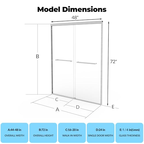 Image of 44 inch-48 inch W x 72 inch H Double Sliding Shower Door - Semi-Frameless Bypass Bathroom Door with 1 /4 inch(6mm) Tempered Glass, Brushed Nickel Finish, for Walk-in Shower & Bathroom