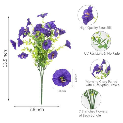 Image of 12 Bundles Artificial Flowers for Outdoors, Faux Silk Morning Glory(Purple) | Artificial Flowers UV Resistant Fake Eucalyptus Plants for Spring Summer Garden Patio Home Decor