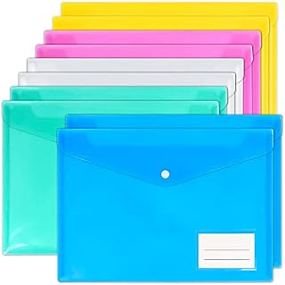 Smarpau A4 Plastic Wallets, 10 Pack Coloured Folders Plastic File Folder Document Wallets Envelope Folders with Label Pocket Button for School,Home,Office,Travel and Stationary Supply(Assorted Colour)