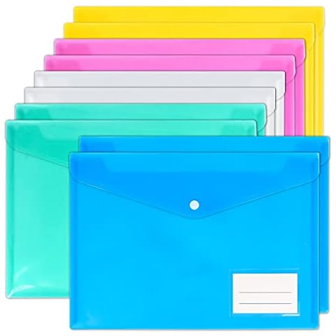 Smarpau A4 Plastic Wallets, 10 Pack Coloured Folders Plastic File Folder Document Wallets Envelope Folders with Label Pocket Button for School,Home,Office,Travel and Stationary Supply(Assorted Colour) Cover