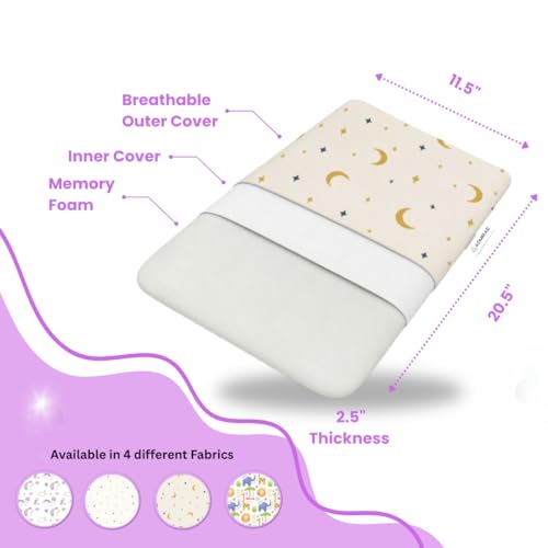 Image of Premium Memory Foam Toddler Thin Pillow | Head,Neck & Back Support | Washable Removable Cover | Ideal for Sleeping,Reading & Resting | Age 2to9 Year | 18.5x12.5x2.5in | Moon and Star Print