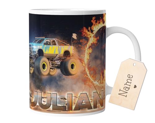 timalo® Tasse Motiv Monstertruck mit Namen bedrucken lassen | Individuelle Kindertasse mit amerikanischem Truck und Wunschname für Kinder Jungen | mug-kind16