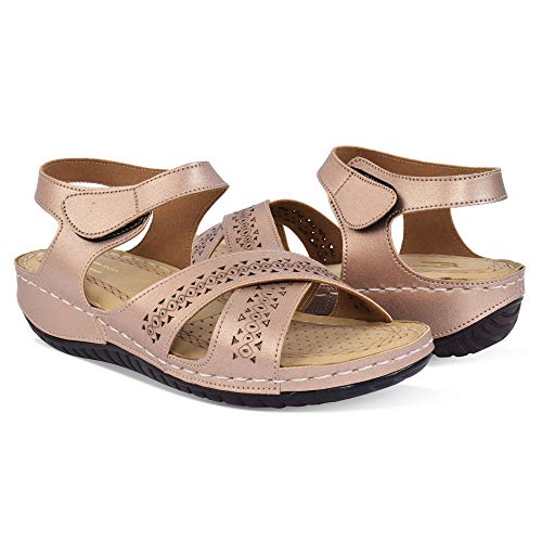 Image of XE Looks Women's Gold Casual Walking Sandals | Elegant Cross Strap with Perforated Detailing | Soft Cushioned Sole | Lightweight & Anti-Slip Design Walking Sandals For Girls & Women