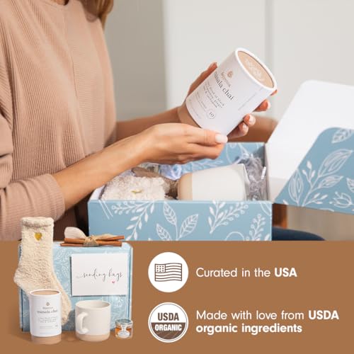 Image of Unboxme Birthday Gift Basket for Women, Self Care Gift Box with Socks, Mug, Organic Chai Tea, Honey & Cinnamon, Relaxation Tea Gift Set for Her