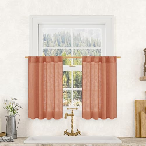 LAMIT 30 Inch Linen Kitchen Curtains, Semi Sheer Light Filtering Window Panels Back Tab and Rod Pocket Drapes for Basement/Small Windows, Terracotta, 25 x 30 Inch, 2 Panels
