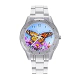 Monarch - Orologio da polso da uomo con farfalla e fiori, alla moda, in acciaio inox, orologi personalizzati per le donne