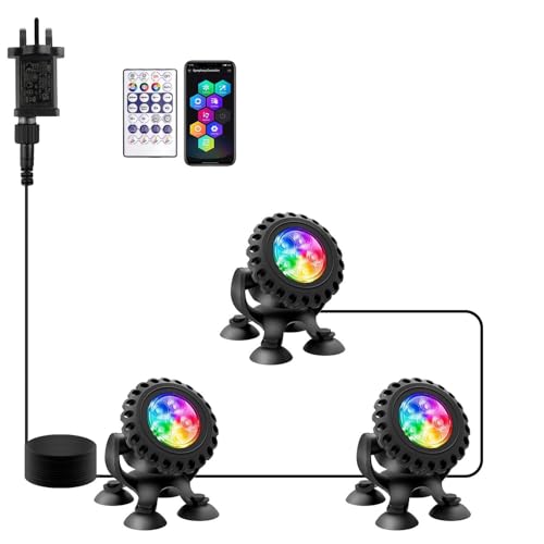 T-SUN Colored Pond Lights with Timer LED Underwater Pond Light Submersible Fountain Lights for Fish Tank Landscape Spotlight-Bluetooth APP & Remote Control IP68 Waterproof Aquarium Yard (3 Heads)