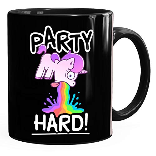 MoonWorks® Taza de café con texto en alemán "Party Hard kotzendes Einhorn Feiern Saufen" taza de café divertida taza de cerámica negra