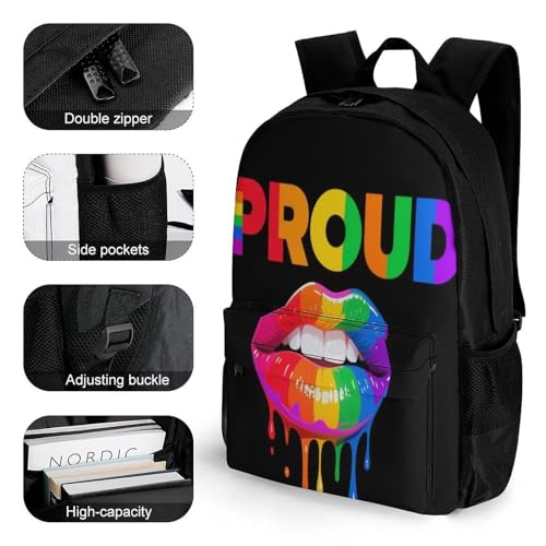 Supdreamc Polyester Daypack Bookbag for Gym Business Bicycle - Large Capacity Multipurpose Anti-Theft Carry On Bag, Lgbt Pride Rainbow Lips Proud Black Art Travel Hiking Daypack3