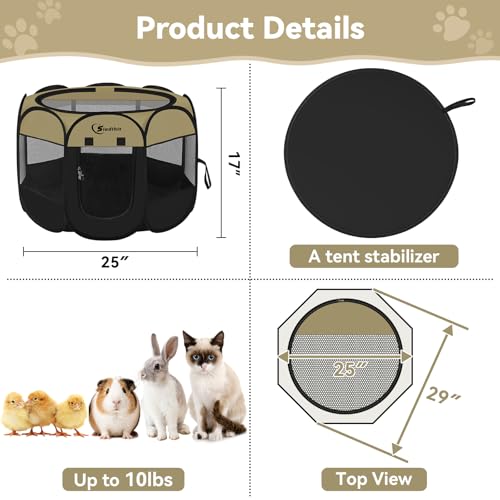 Image of Siedihit Puppy Playpen for Small Dog Cat, Dogs Tent Crate Cage Indoor /Outdoor, Portable Pop Up Dog Kennel with Carrying Bag for Rabbits, Removable Top (Black Khaki, Small)