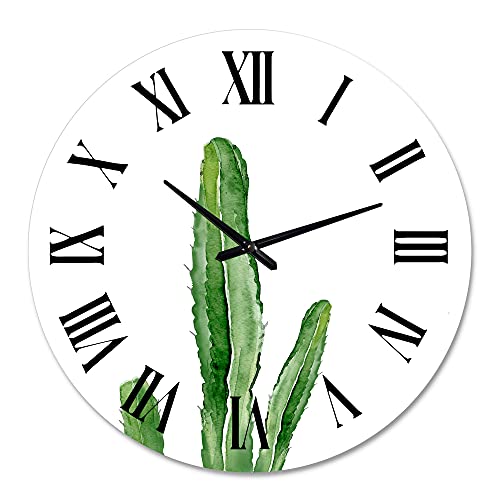 Designq Tropical Wall Clock 'Green Cactus South Western Plant Botanical Detail' Floral & Botanical Large Wall Clock For Office Decor #TOP1