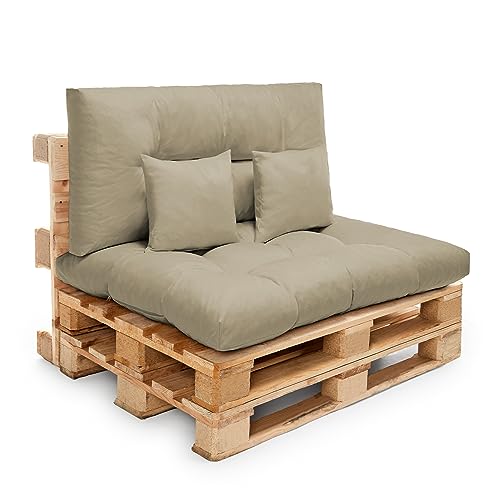Diverpuff Set Palets Impermeables. Incluye Asiento 120x80 + Respaldo 120x60 + Cojines Decorativos para Palets Europeos de Interior y Exterior (Tierra)
